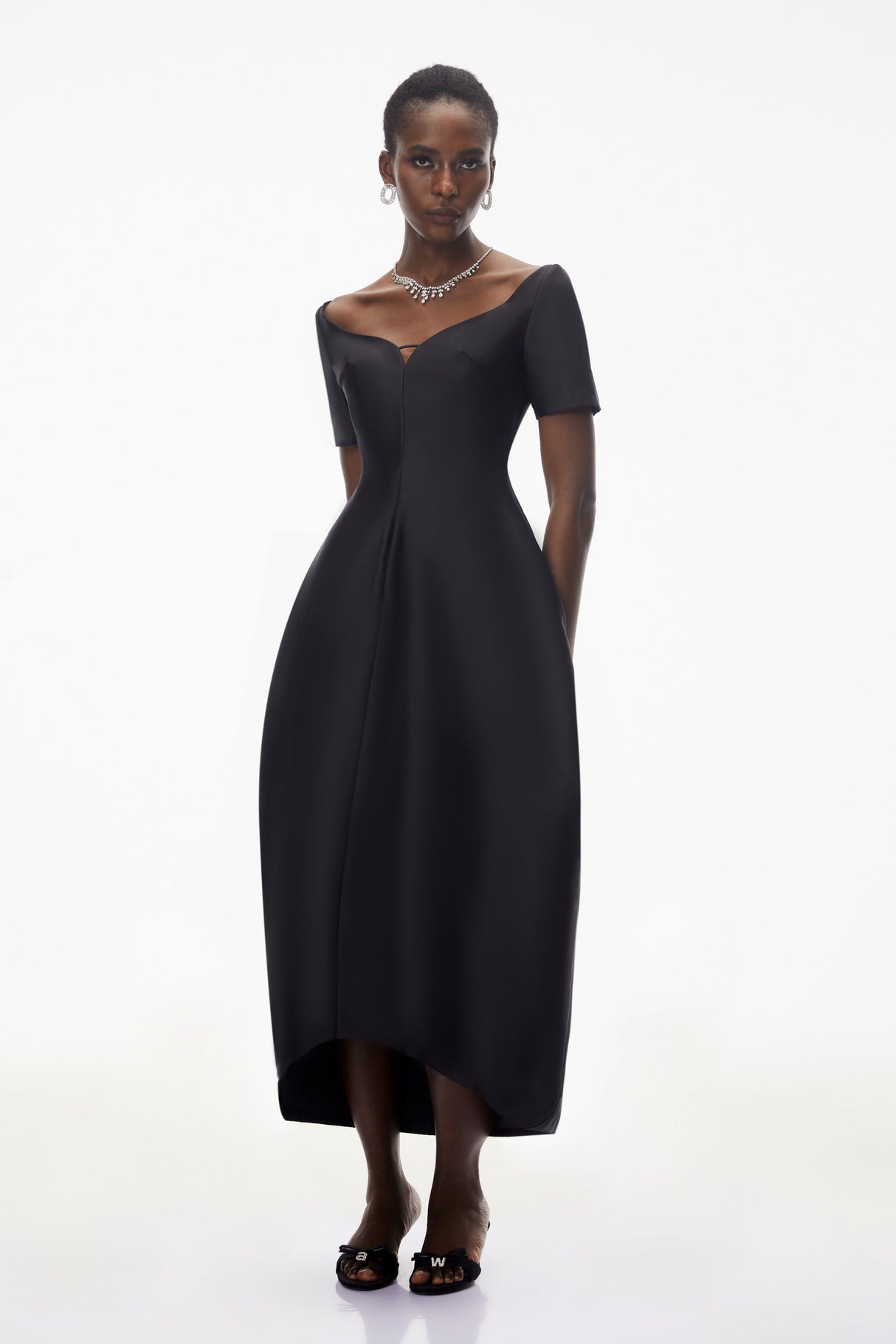 Aurohaya Heidi Black Plunge Neck Asymmetrical Midi Dress
