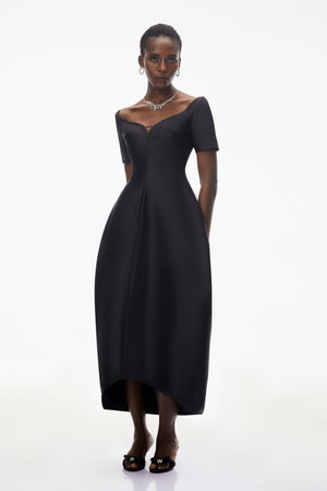 Aurohaya Heidi Black Plunge Neck Asymmetrical Midi Dress