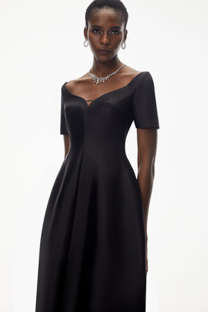 Aurohaya Heidi Black Plunge Neck Asymmetrical Midi Dress