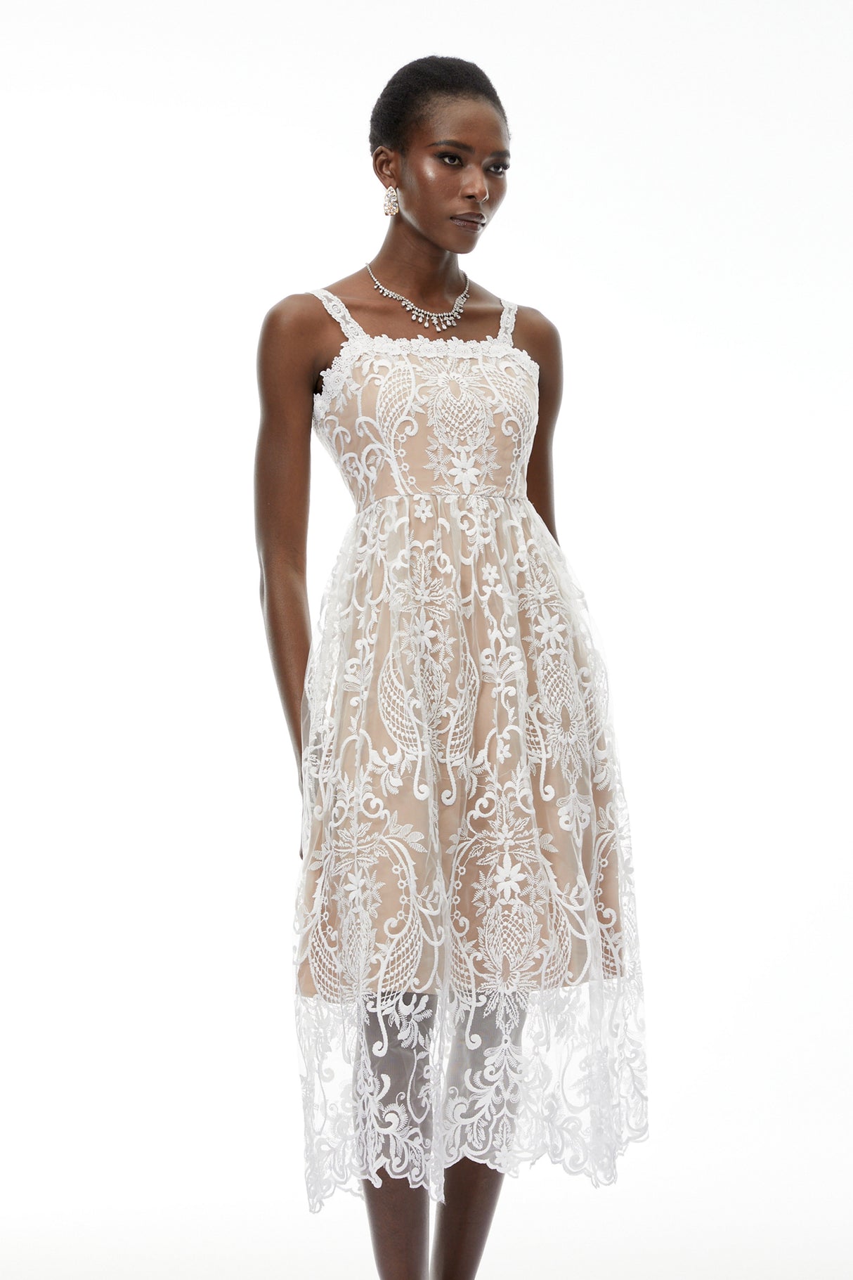 Aurohaya Hermione White Floral Embroidered Lace Midi Dress