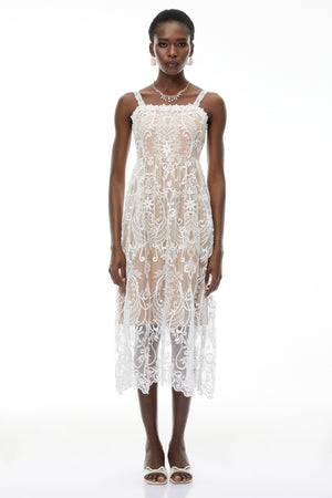 Aurohaya Hermione White Floral Embroidered Lace Midi Dress