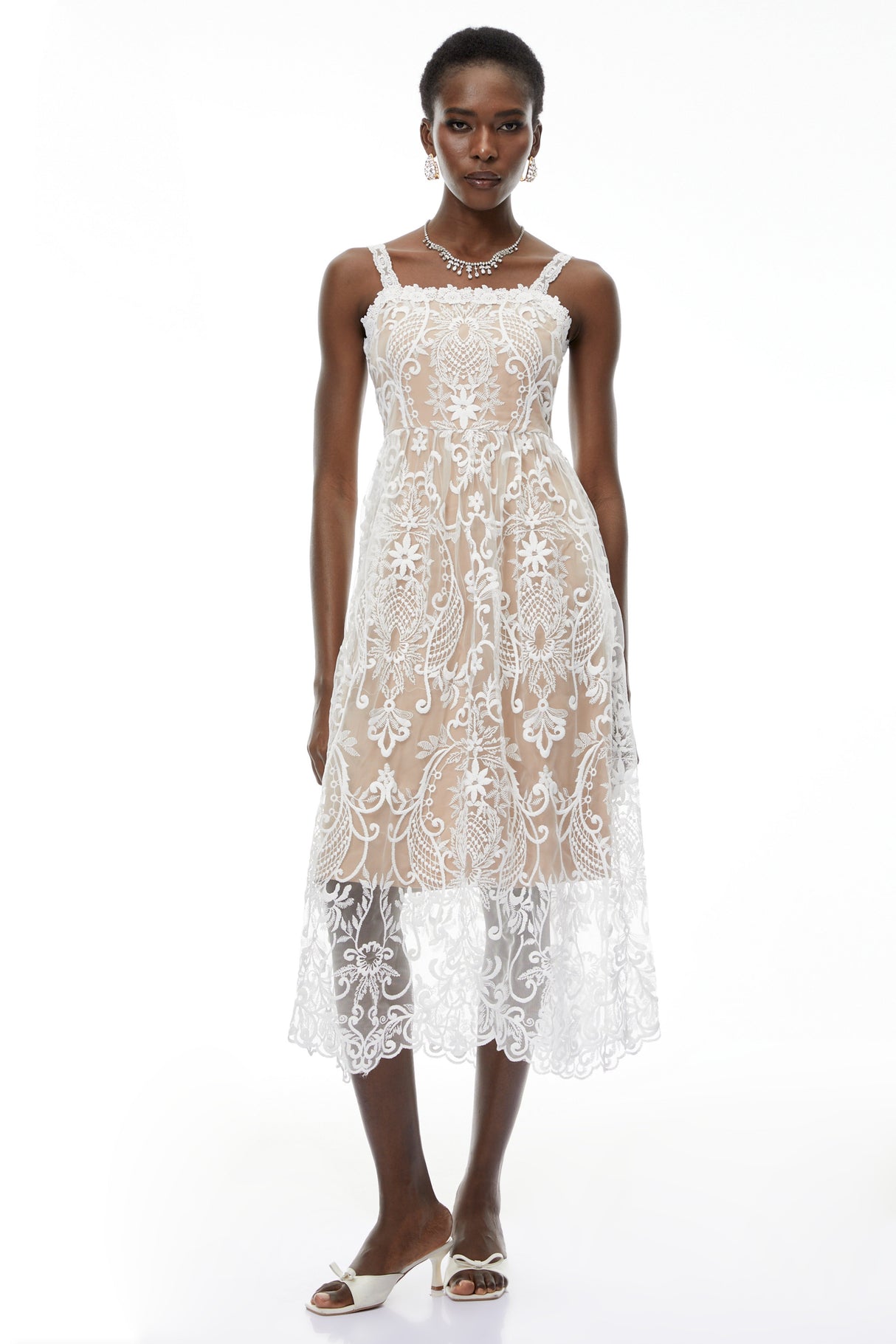 Aurohaya Hermione White Floral Embroidered Lace Midi Dress