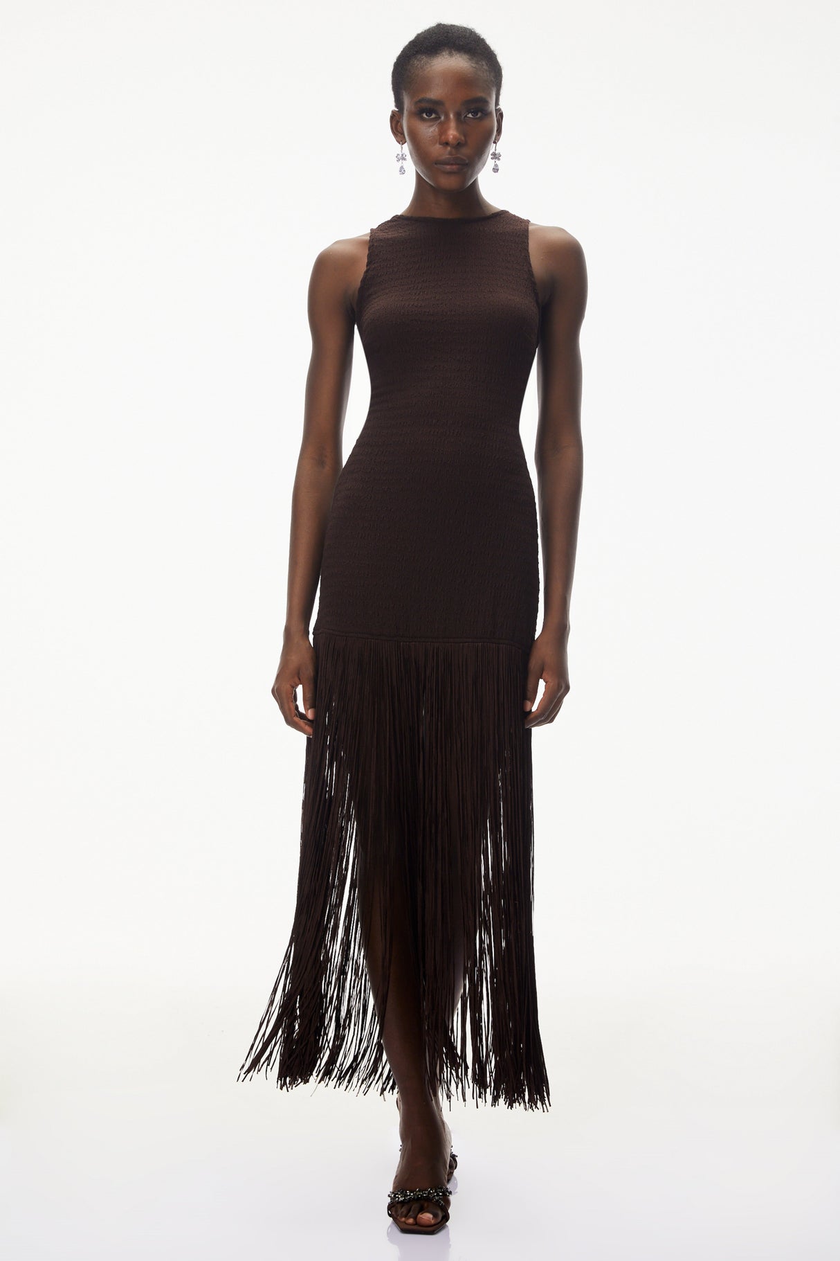 Aurohaya Hestia Chocolate Brown Sleeveless Fringed Maxi Dress