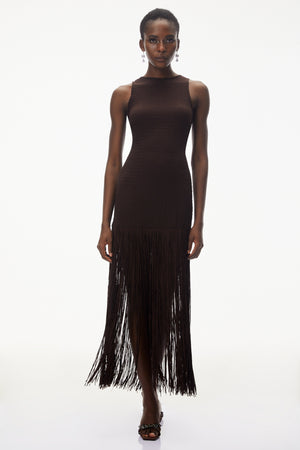 Aurohaya Hestia Chocolate Brown Sleeveless Fringed Maxi Dress