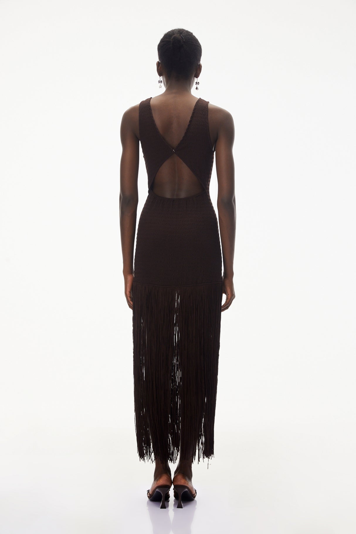 Aurohaya Hestia Chocolate Brown Sleeveless Fringed Maxi Dress