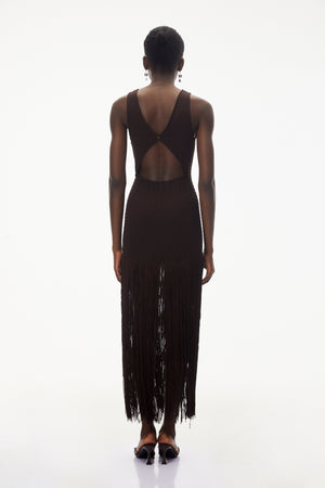 Aurohaya Hestia Chocolate Brown Sleeveless Fringed Maxi Dress