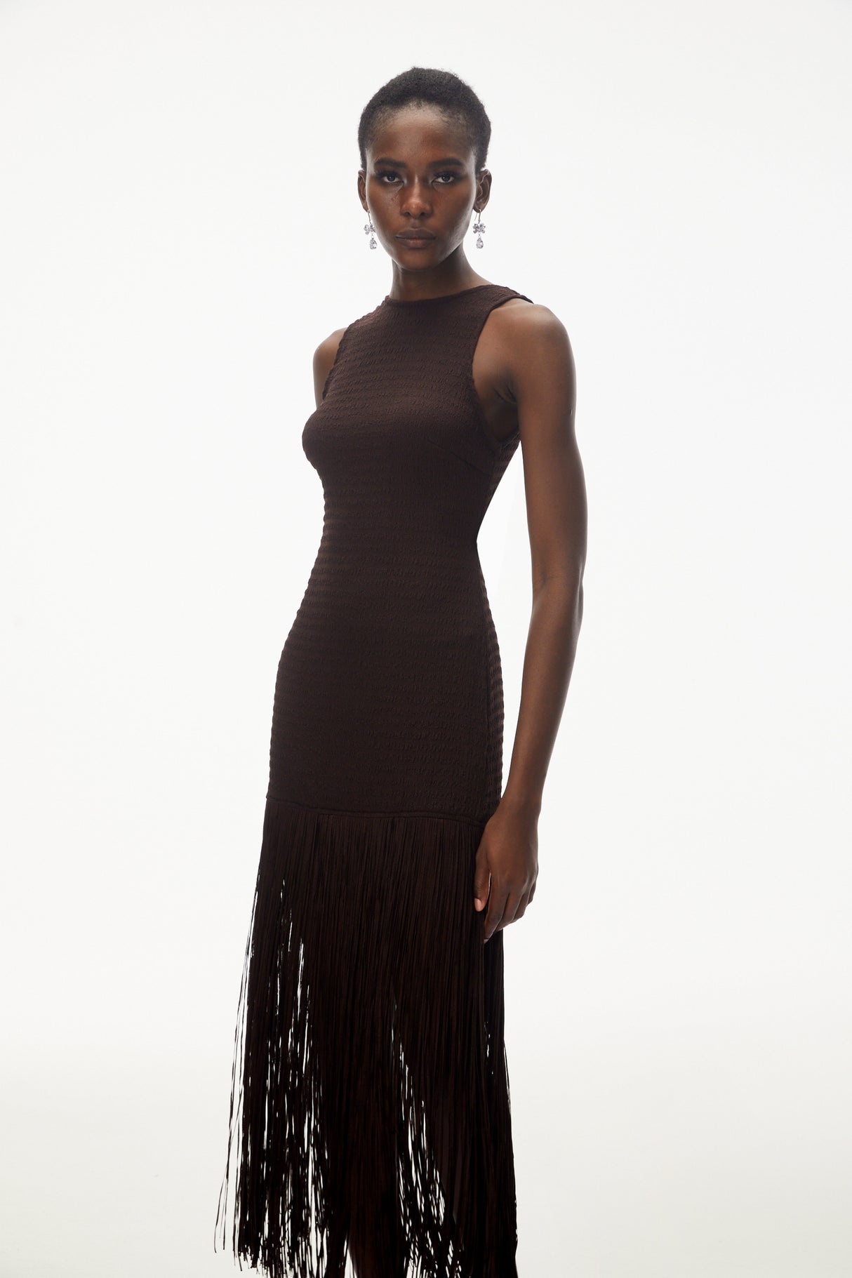 Aurohaya Hestia Chocolate Brown Sleeveless Fringed Maxi Dress