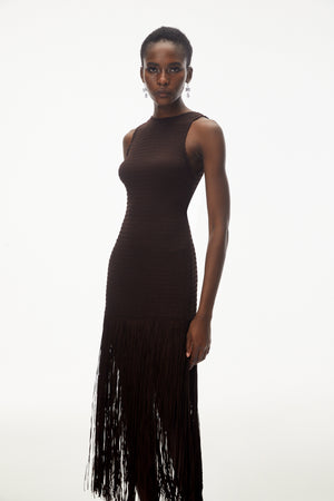Aurohaya Hestia Chocolate Brown Sleeveless Fringed Maxi Dress