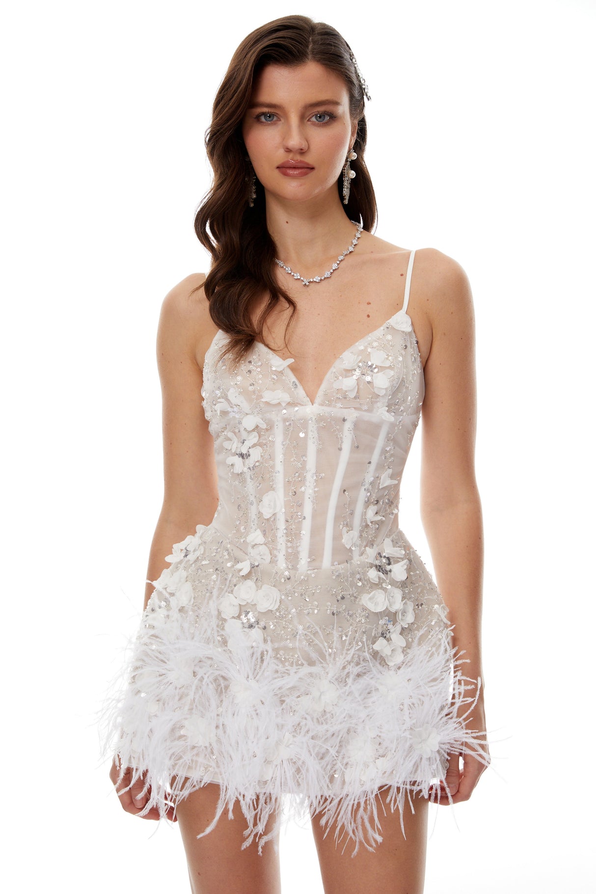 Aurohaya Hildegard White 3D Petal Mini Dress with Feather Trim