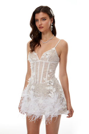 Aurohaya Hildegard White 3D Petal Mini Dress with Feather Trim