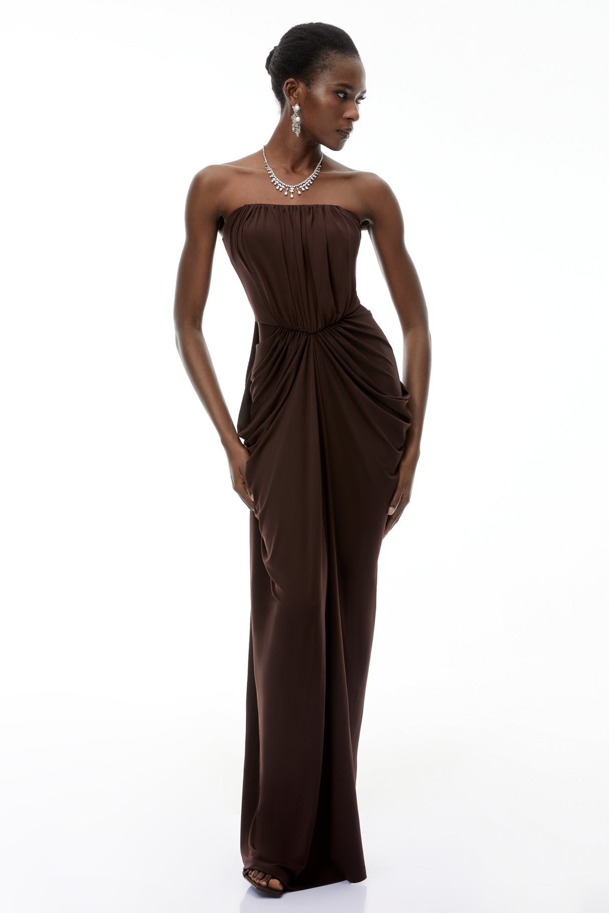 Aurohaya Honoria Chocolate Brown Off Shoulder Maxi Dress