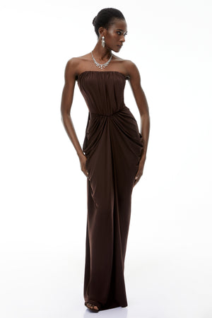 Aurohaya Honoria Chocolate Brown Off Shoulder Maxi Dress