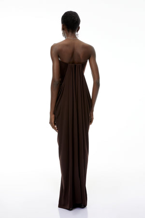 Aurohaya Honoria Chocolate Brown Off Shoulder Maxi Dress