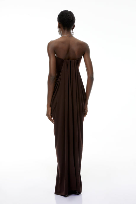 Aurohaya Honoria Chocolate Brown Off Shoulder Maxi Dress