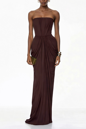 Aurohaya Honoria Chocolate Brown Off Shoulder Maxi Dress