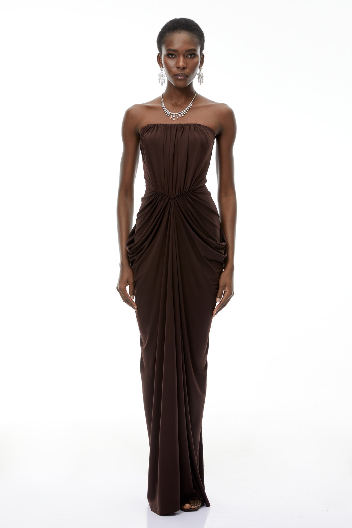 Aurohaya Honoria Chocolate Brown Off Shoulder Maxi Dress