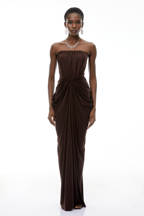 Aurohaya Honoria Chocolate Brown Off Shoulder Maxi Dress