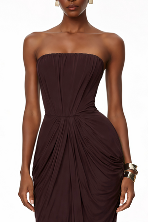 Aurohaya Honoria Chocolate Brown Off Shoulder Maxi Dress