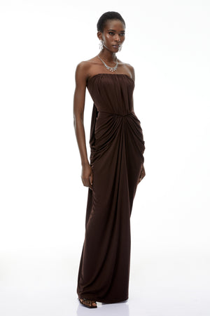 Aurohaya Honoria Chocolate Brown Off Shoulder Maxi Dress