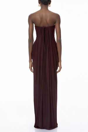 Aurohaya Honoria Chocolate Brown Off Shoulder Maxi Dress