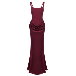 Hortense Square Neck Corset Maxi Dress / Red