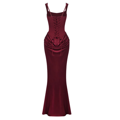 Hortense Square Neck Corset Maxi Dress / Red