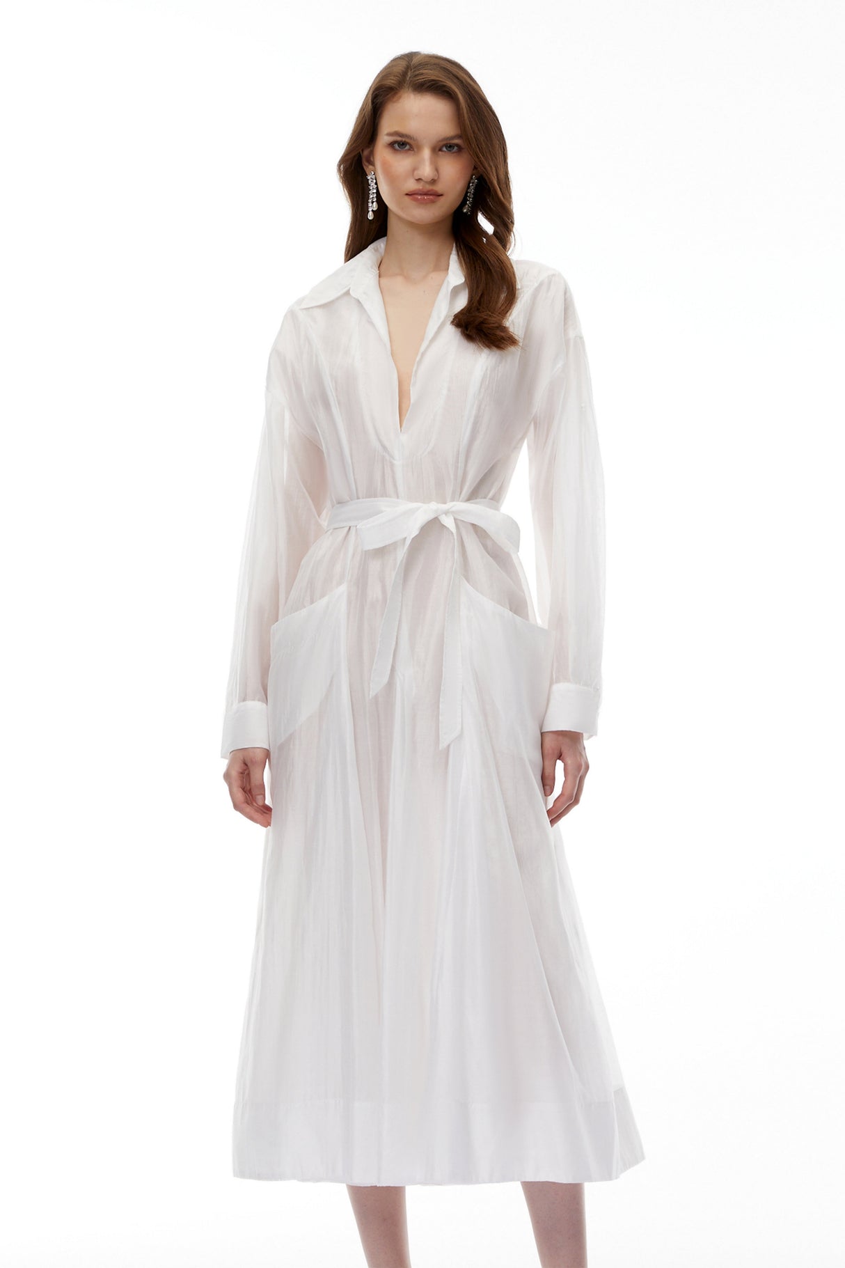 Aurohaya Hortensia White Plunge Neck Flared Maxi Dress