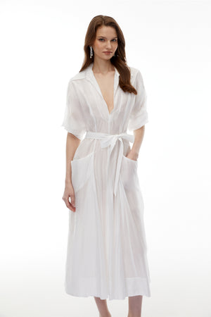 Aurohaya Hortensia White Plunge Neck Flared Maxi Dress