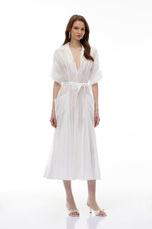 Aurohaya Hortensia White Plunge Neck Flared Maxi Dress