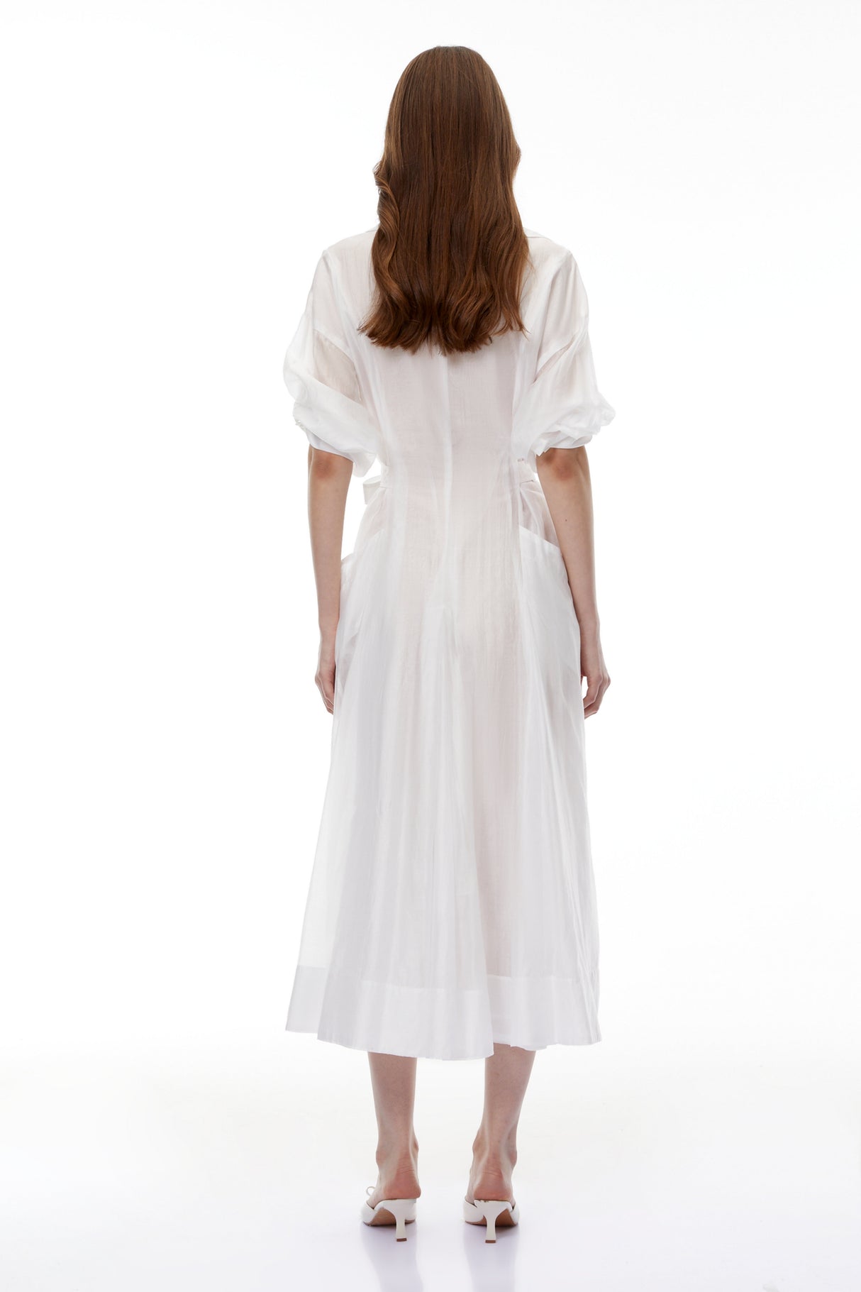 Aurohaya Hortensia White Plunge Neck Flared Maxi Dress