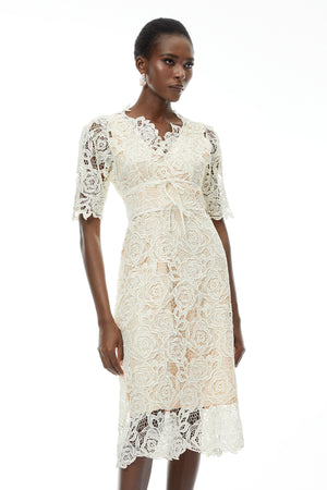 Aurohaya Hypatia Neutral Lace Embroidered Midi Dress