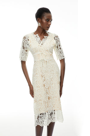 Aurohaya Hypatia Neutral Lace Embroidered Midi Dress