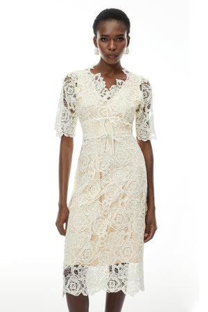 Aurohaya Hypatia Neutral Lace Embroidered Midi Dress