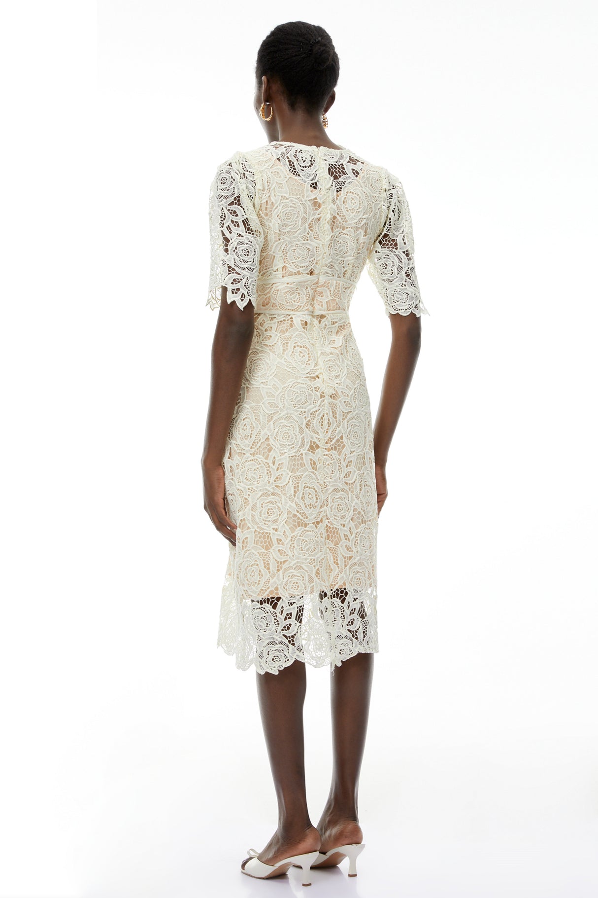 Aurohaya Hypatia Neutral Lace Embroidered Midi Dress