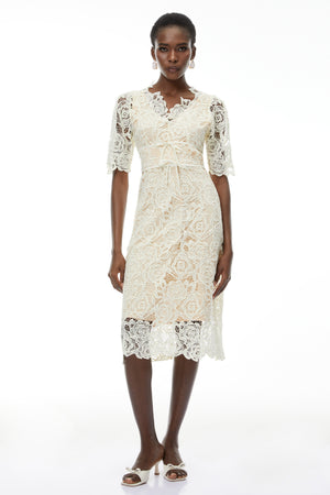 Aurohaya Hypatia Neutral Lace Embroidered Midi Dress