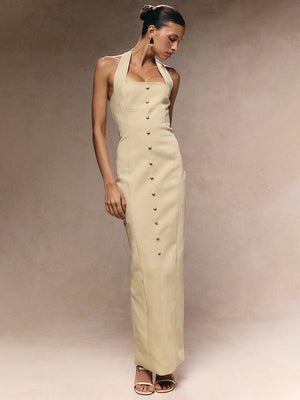 Aurohaya Fleur Halter Neck Button-Down Maxi Dress Yellow