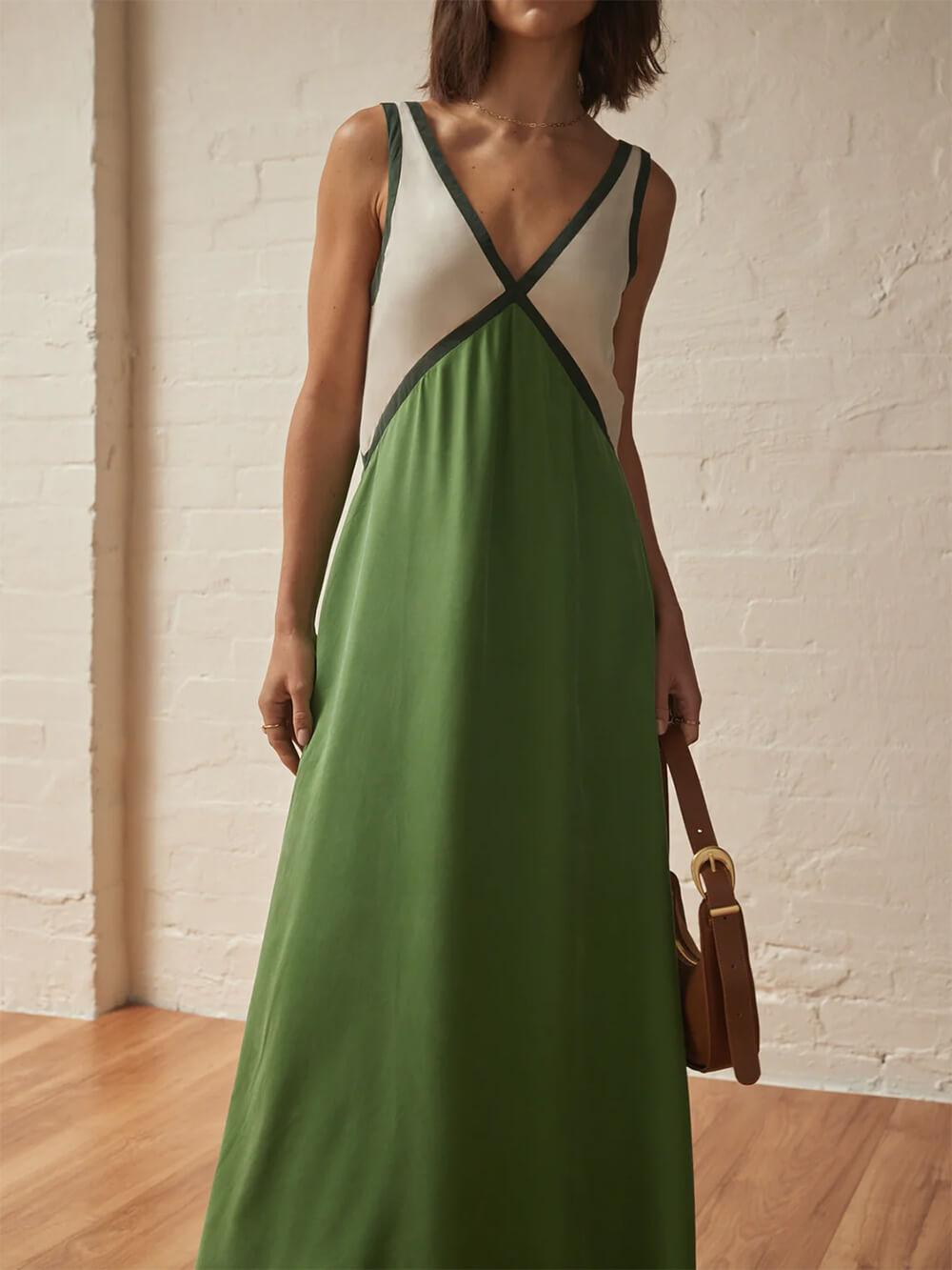 Aurohaya Splicing Chic V-neck Contrasting Color Dress