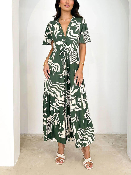 Aurohaya Short Sleeve Resort Print Midi Dress Green