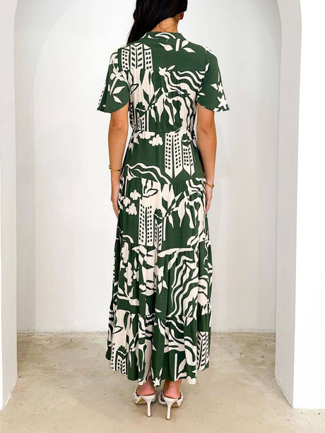Aurohaya Short Sleeve Resort Print Midi Dress