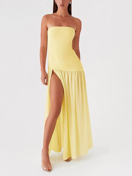 Aurohaya Exquisite Backless Pleats Strapless Maxi Dress
