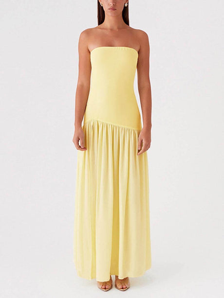 Aurohaya Exquisite Backless Pleats Strapless Maxi Dress Yellow