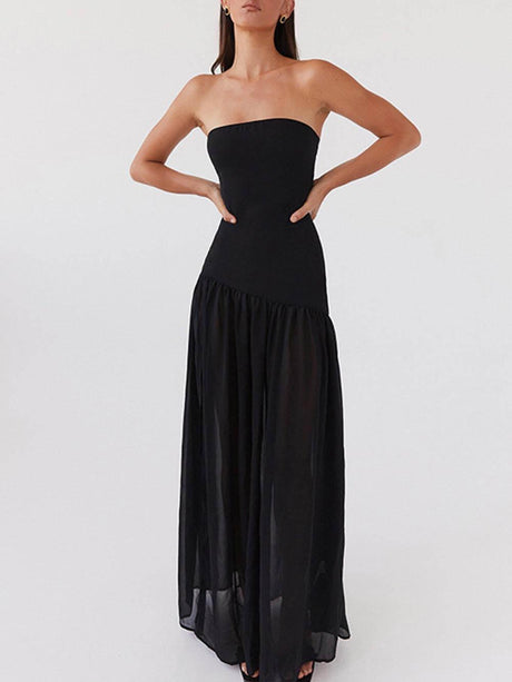 Aurohaya Exquisite Backless Pleats Strapless Maxi Dress Black