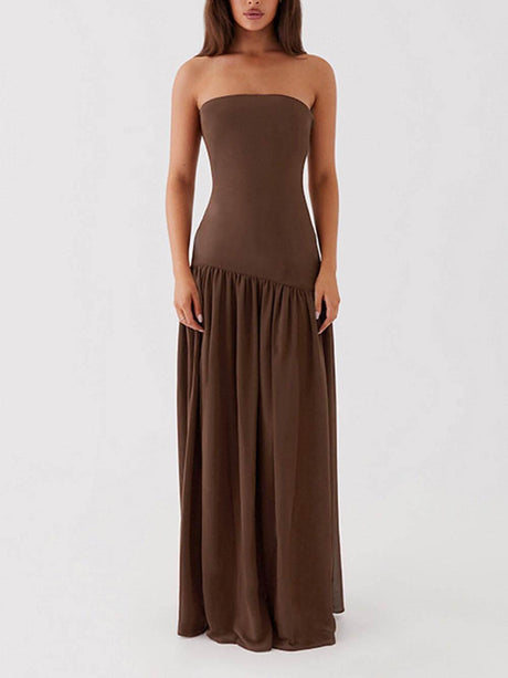 Aurohaya Exquisite Backless Pleats Strapless Maxi Dress Coffee