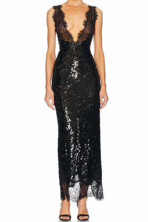 Aurohaya Ava Black Lace Panel Sequined Maxi Dress