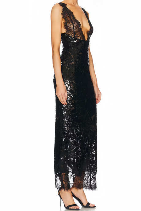 Aurohaya Ava Black Lace Panel Sequined Maxi Dress