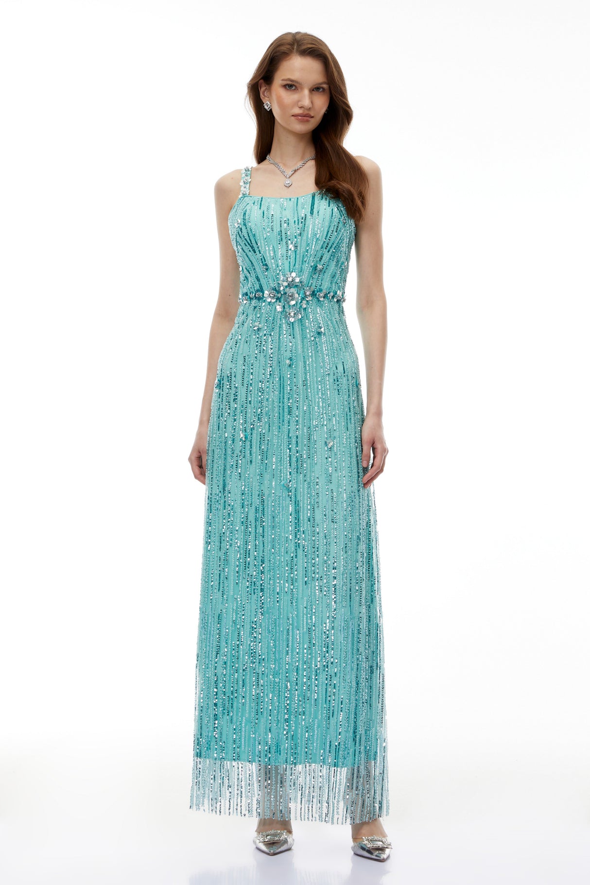 Aurohaya Ianthe Green Embellishment Fringed Maxi Dress
