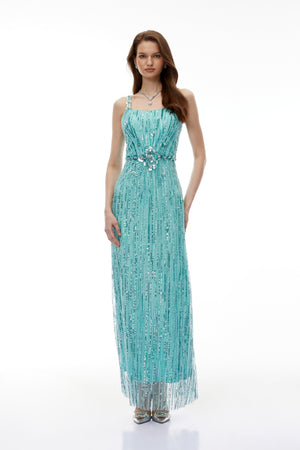 Aurohaya Ianthe Green Embellishment Fringed Maxi Dress