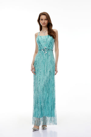 Aurohaya Ianthe Green Embellishment Fringed Maxi Dress