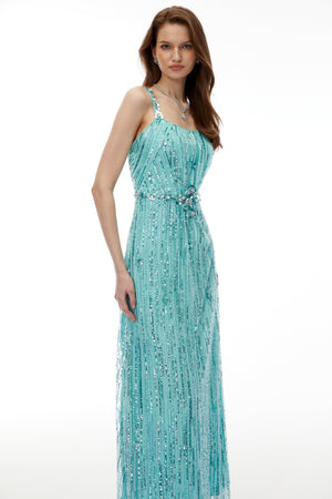 Aurohaya Ianthe Green Embellishment Fringed Maxi Dress