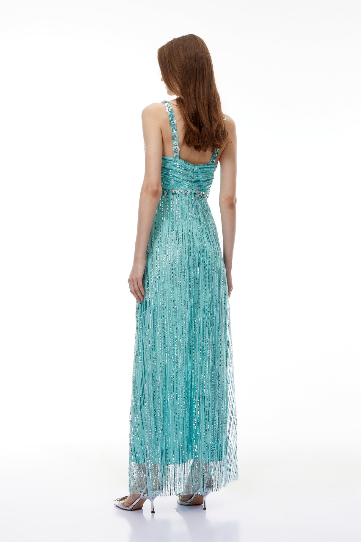 Aurohaya Ianthe Green Embellishment Fringed Maxi Dress